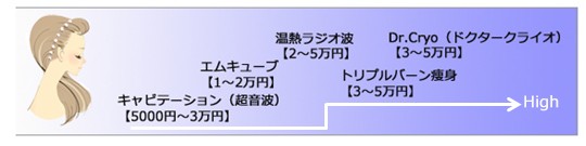 1 キャビテーション(超音波) 5000円〜3万円 2 エムキューブ 1〜2万円 3 温熱ラジオ波 2〜5万円 4 トリプルバーン痩身 3〜5万円 5 Dr.Cryo(ドクタークライオ)3〜5万円